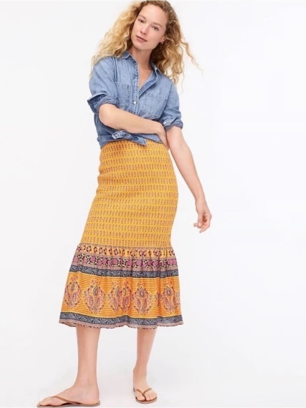 J. Crew Smocked Skirt in Sunny Block Print Midi Skirt size 14